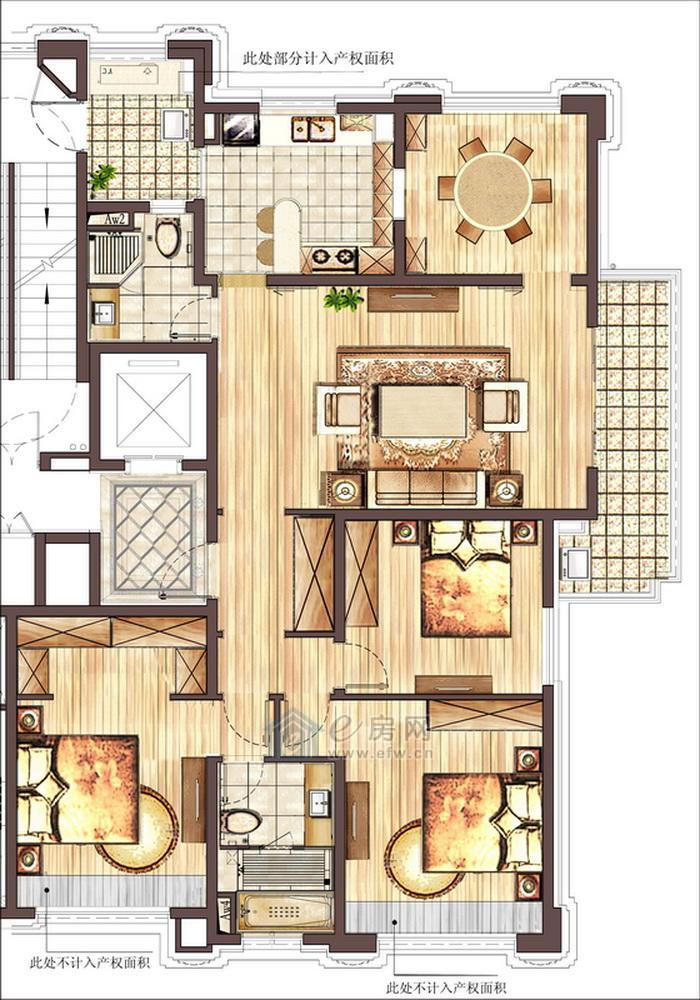 无锡万科金域蓝湾户型f-三室两厅两卫-约220㎡户型图,e房网